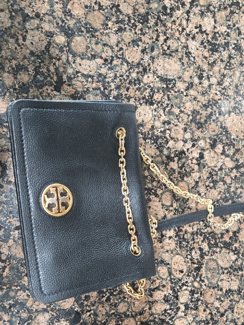 Tory Burch Black Pebbled Leather Crossbody with Gold Chain